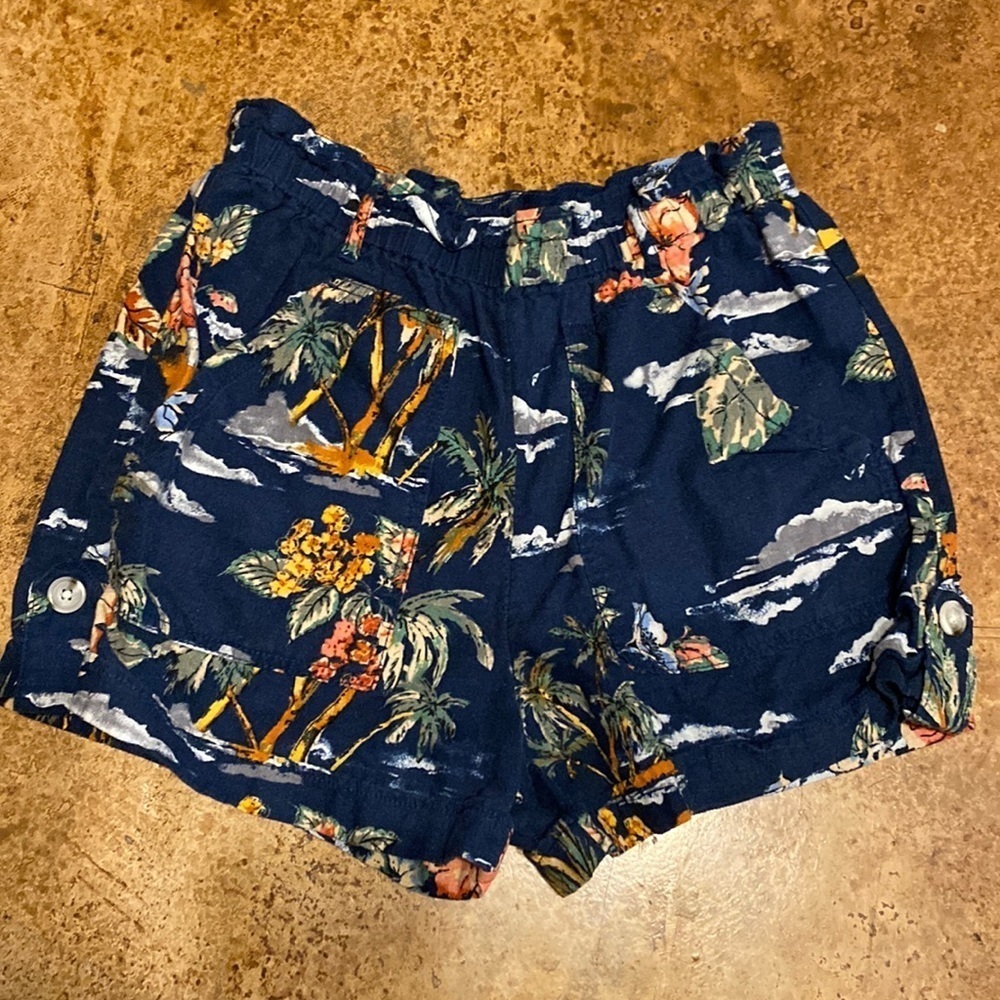 TIME and Tru navy blue Hawaiian print linen cuffed shorts